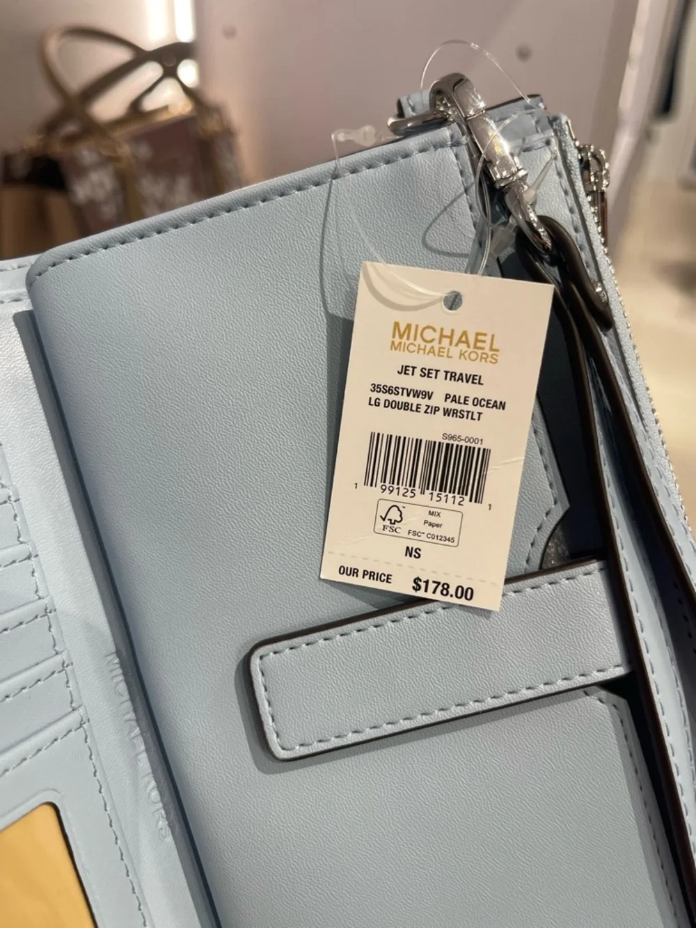 MICHAEL KORS JST Lg Double Zip Printed Signature Logo Wristlet Pale Ocean  NWT